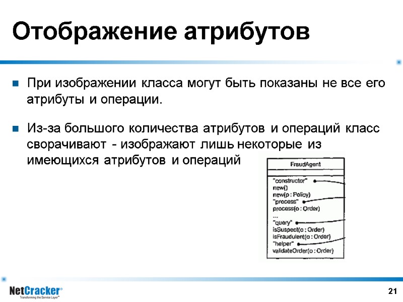 21 Отображение атрибутов При изображении класса могут быть показаны не все его атрибуты и